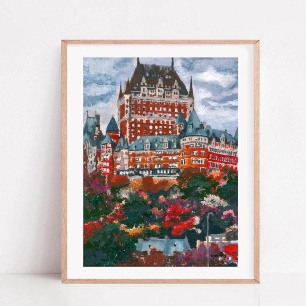 Frontenac Chateau, Quebec city Gouache Print, Fall season decor, canada 8.5x11in
